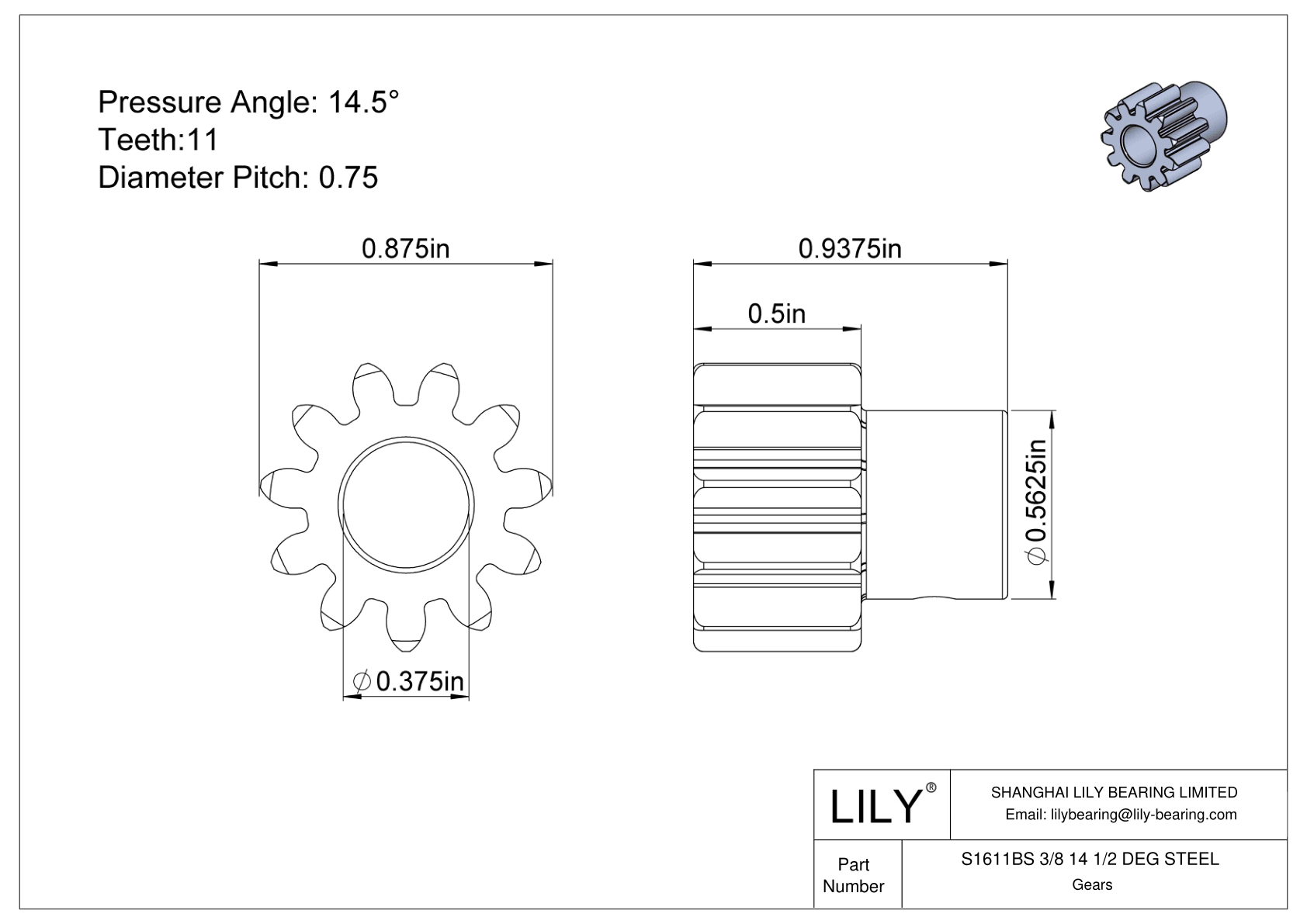 S1611BS 3/8 14 1/2 DEG STEEL Engranajes rectos cad drawing