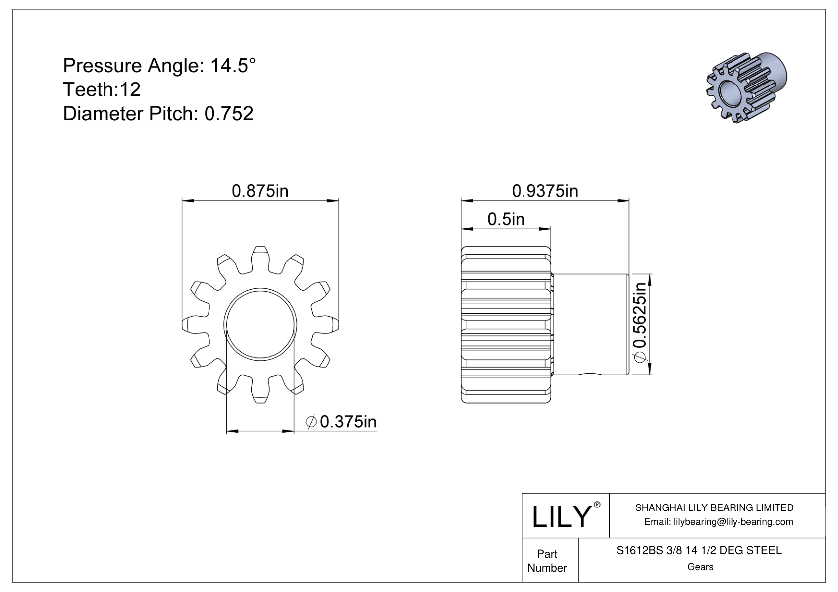 S1612BS 3/8 14 1/2 DEG STEEL Spur Gears cad drawing