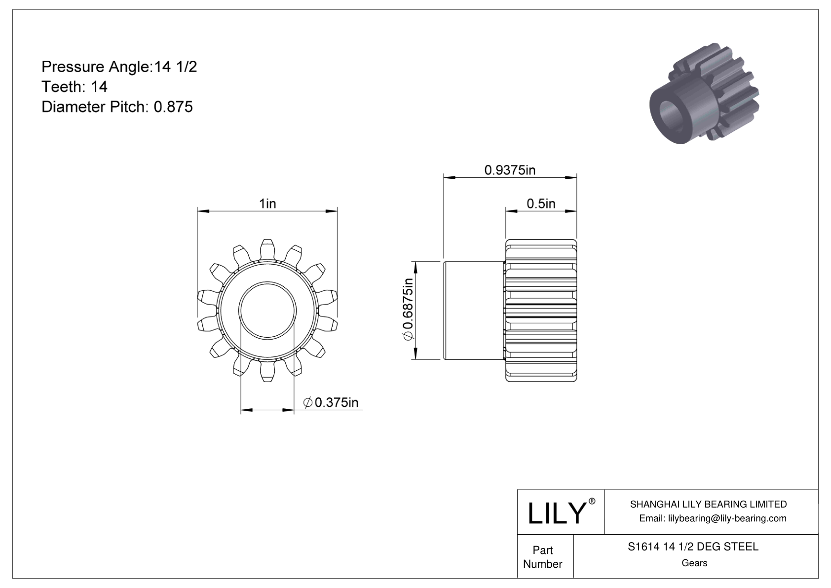 S1614 14 1/2 DEG STEEL 正齿轮 cad drawing