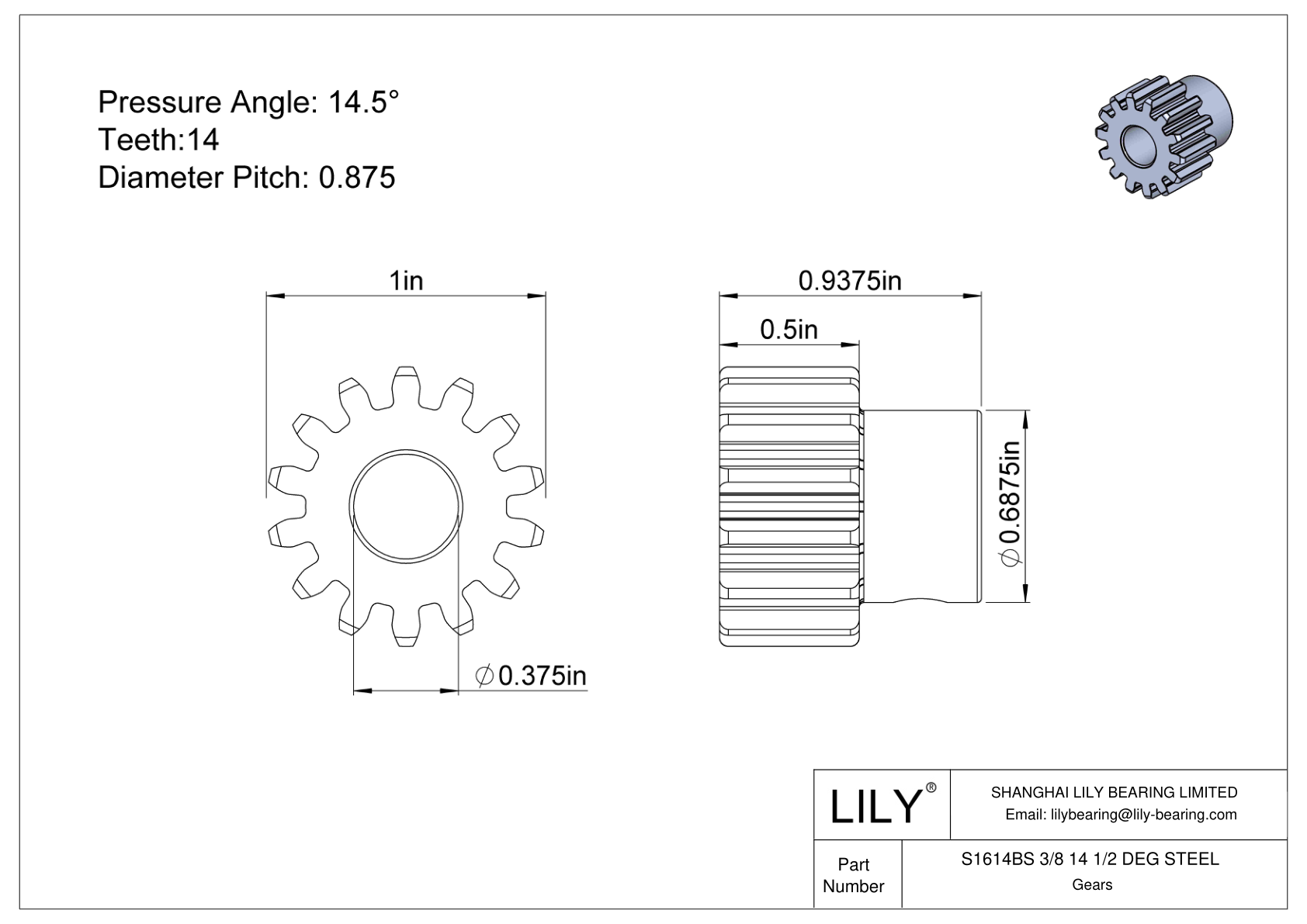 S1614BS 3/8 14 1/2 DEG STEEL Spur Gears cad drawing