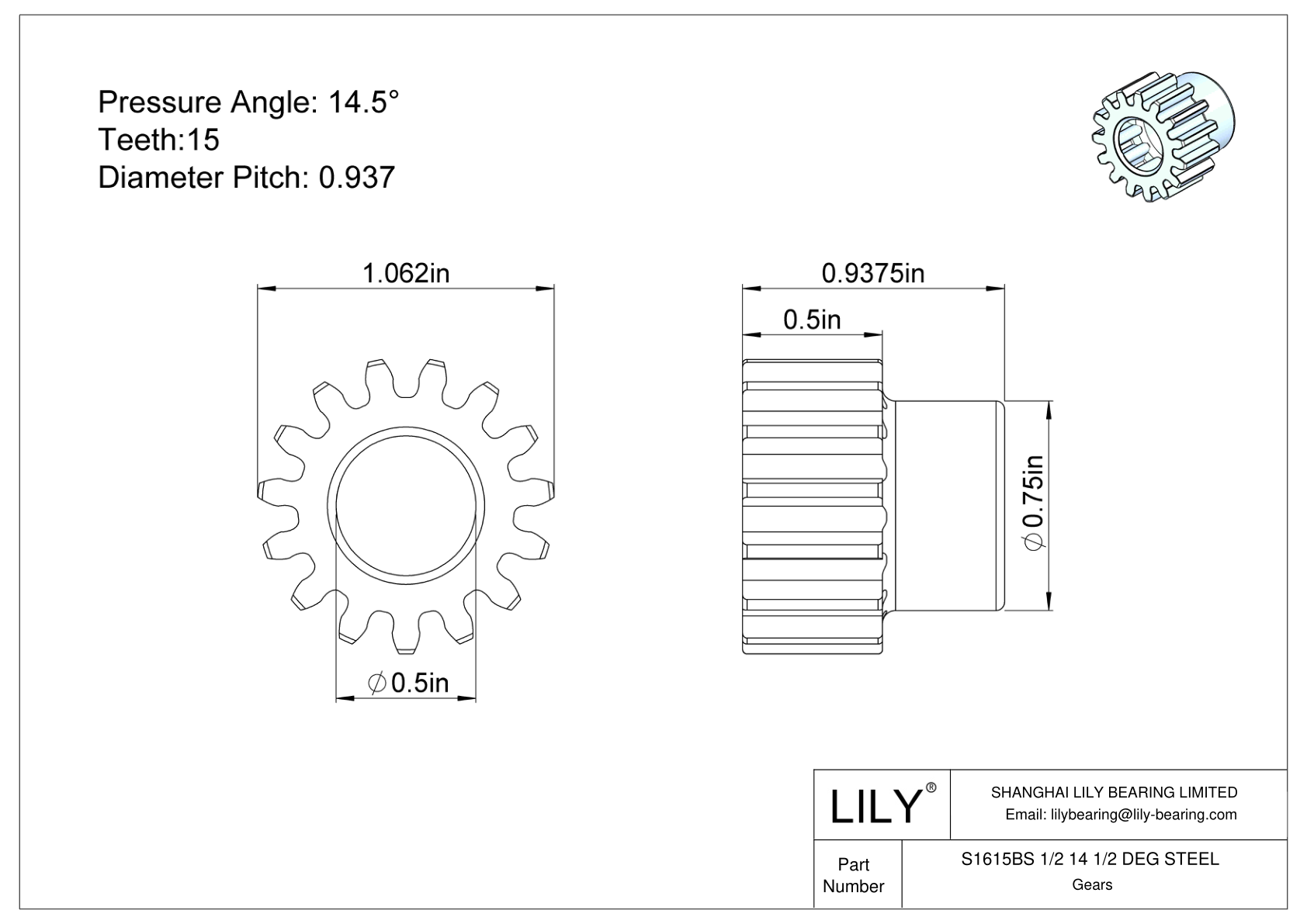 S1615BS 1/2 14 1/2 DEG STEEL Engranajes rectos cad drawing