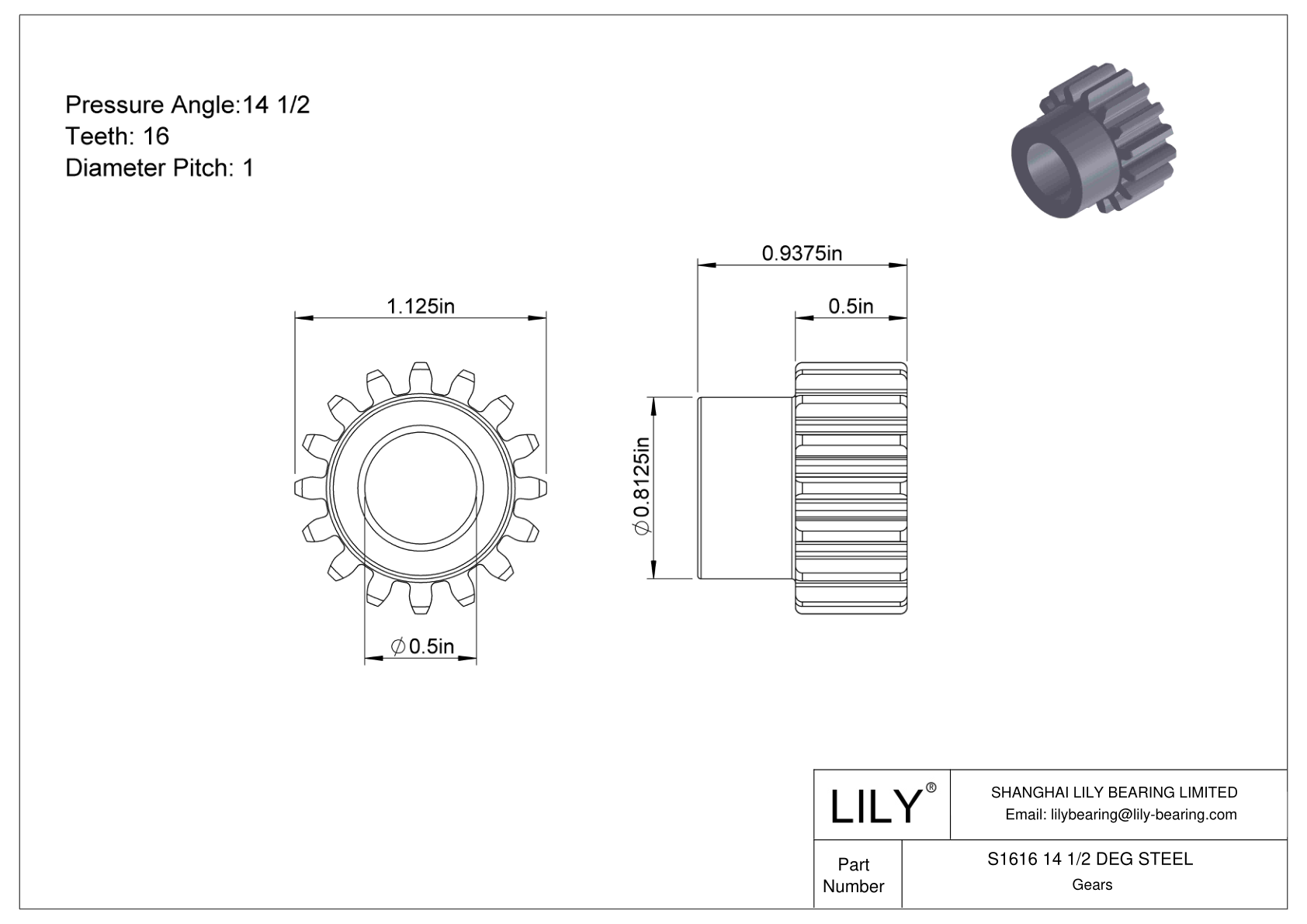 S1616 14 1/2 DEG STEEL Engranajes rectos cad drawing