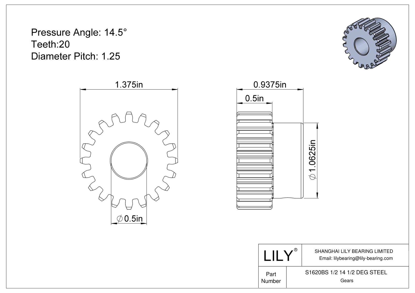 S1620BS 1/2 14 1/2 DEG STEEL 正齿轮 cad drawing