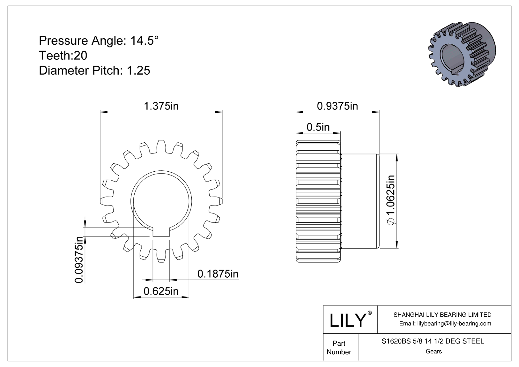 S1620BS 5/8 14 1/2 DEG STEEL Engranajes rectos cad drawing