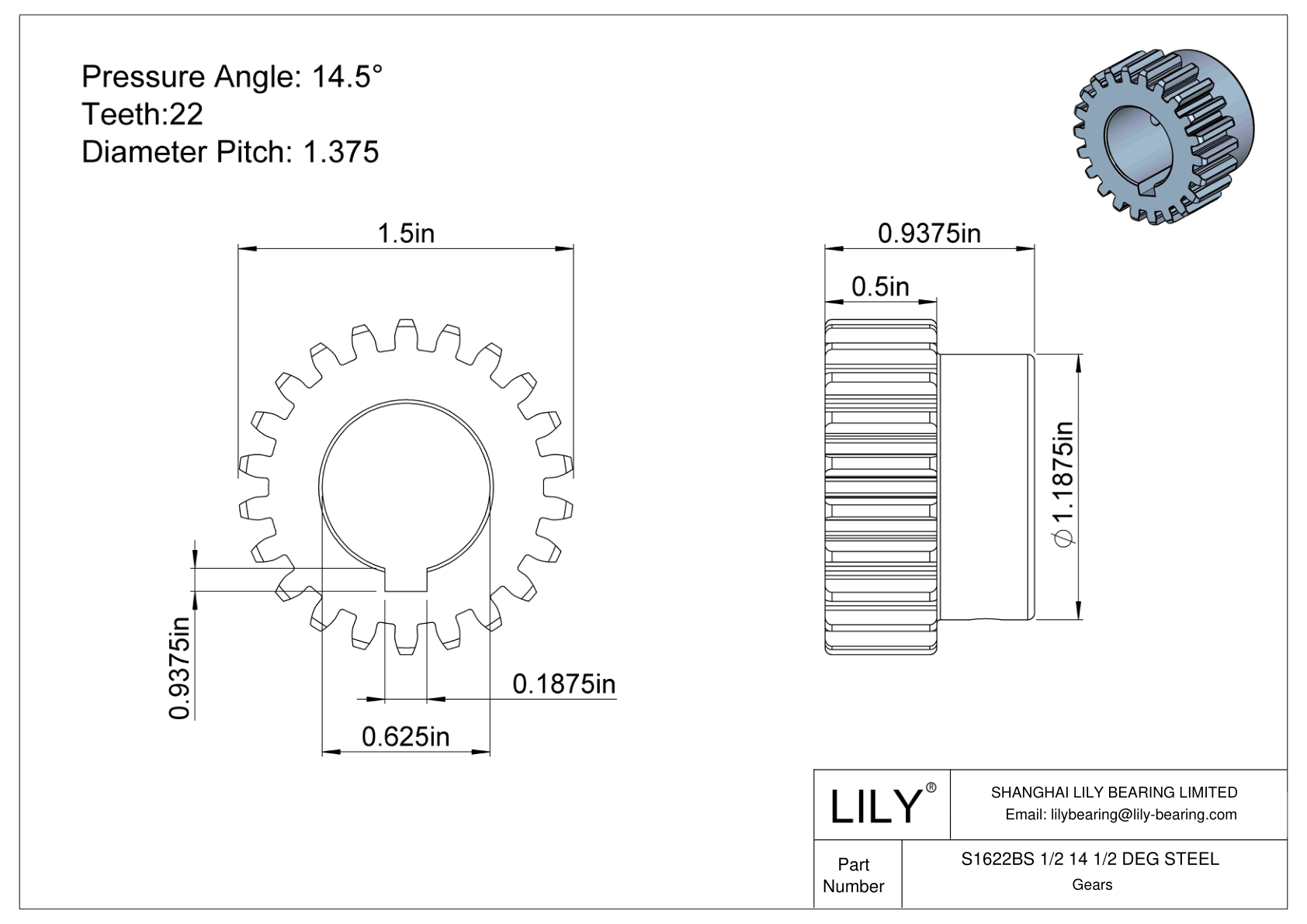 S1622BS 1/2 14 1/2 DEG STEEL 正齿轮 cad drawing