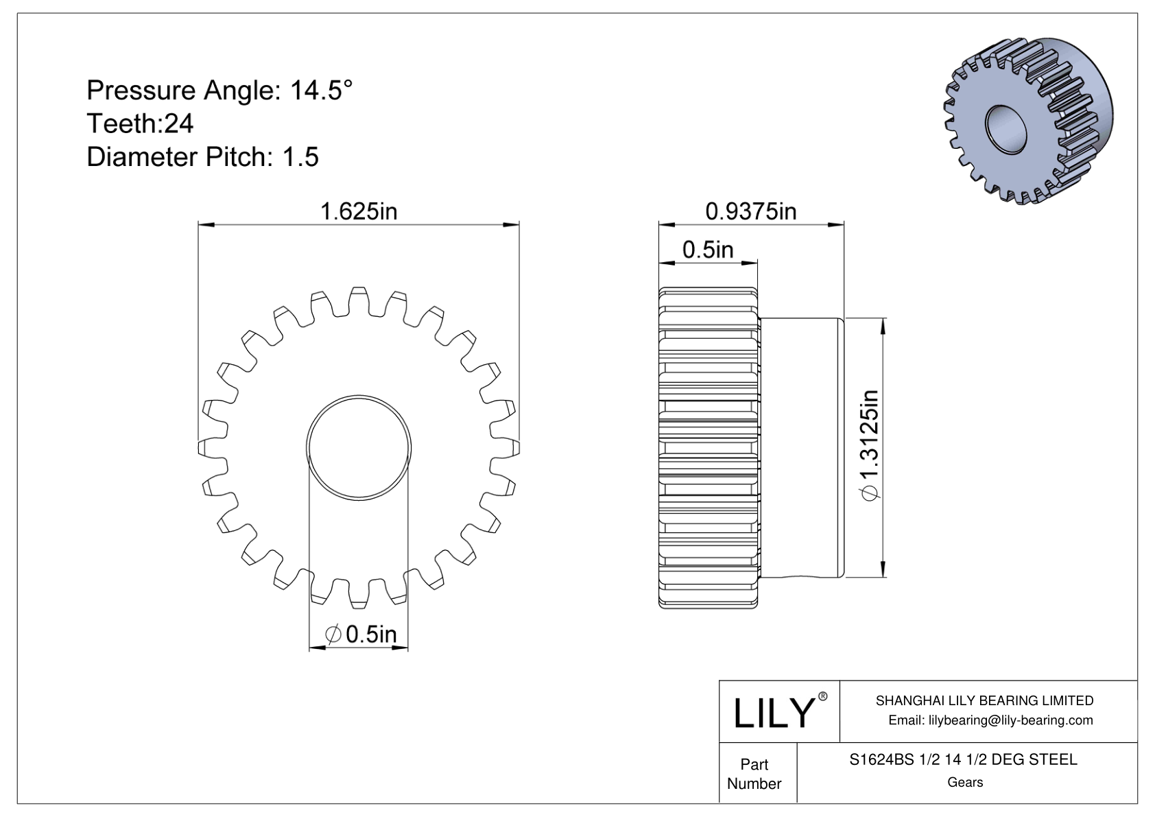 S1624BS 1/2 14 1/2 DEG STEEL 正齿轮 cad drawing