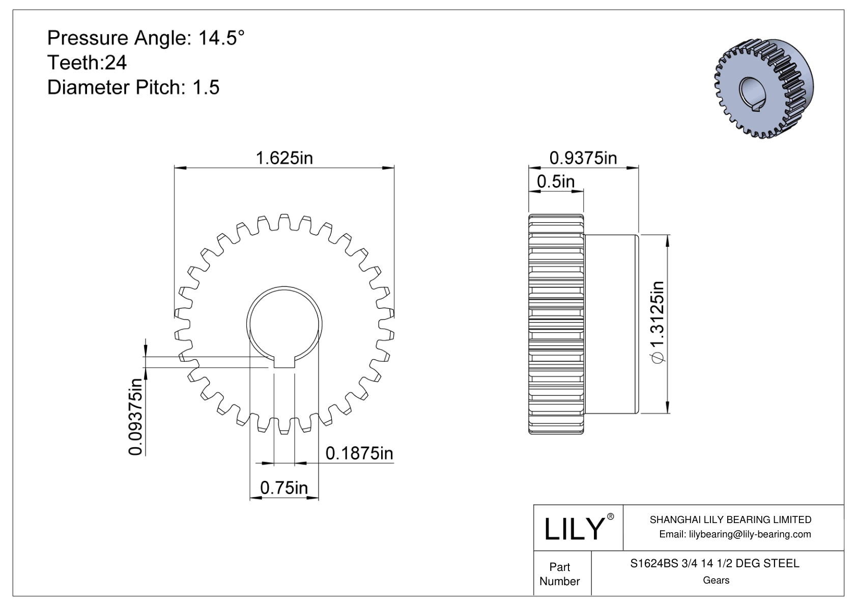 S1624BS 3/4 14 1/2 DEG STEEL Engranajes rectos cad drawing