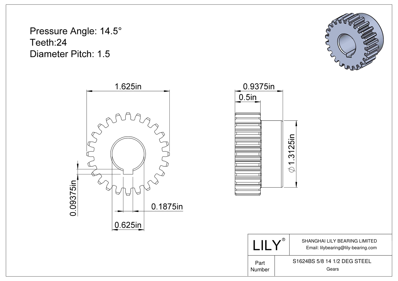 S1624BS 5/8 14 1/2 DEG STEEL 正齿轮 cad drawing