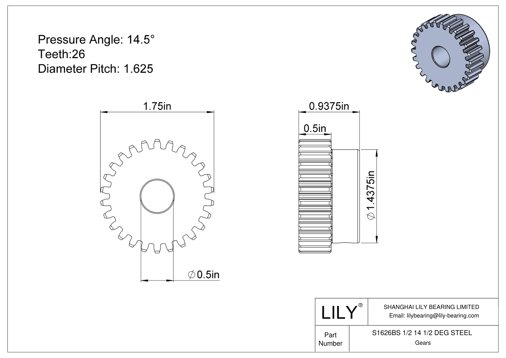 S1626BS 1/2 14 1/2 DEG STEEL 正齿轮 cad drawing