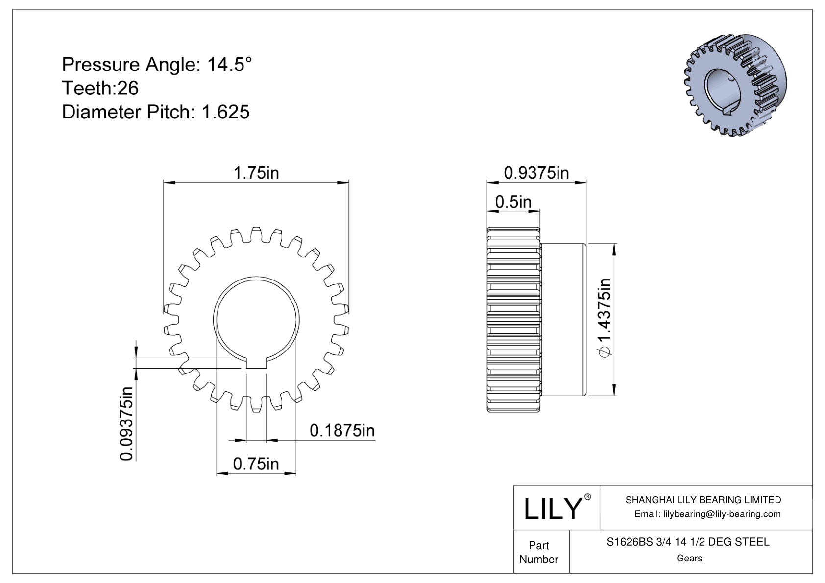 S1626BS 3/4 14 1/2 DEG STEEL Engranajes rectos cad drawing