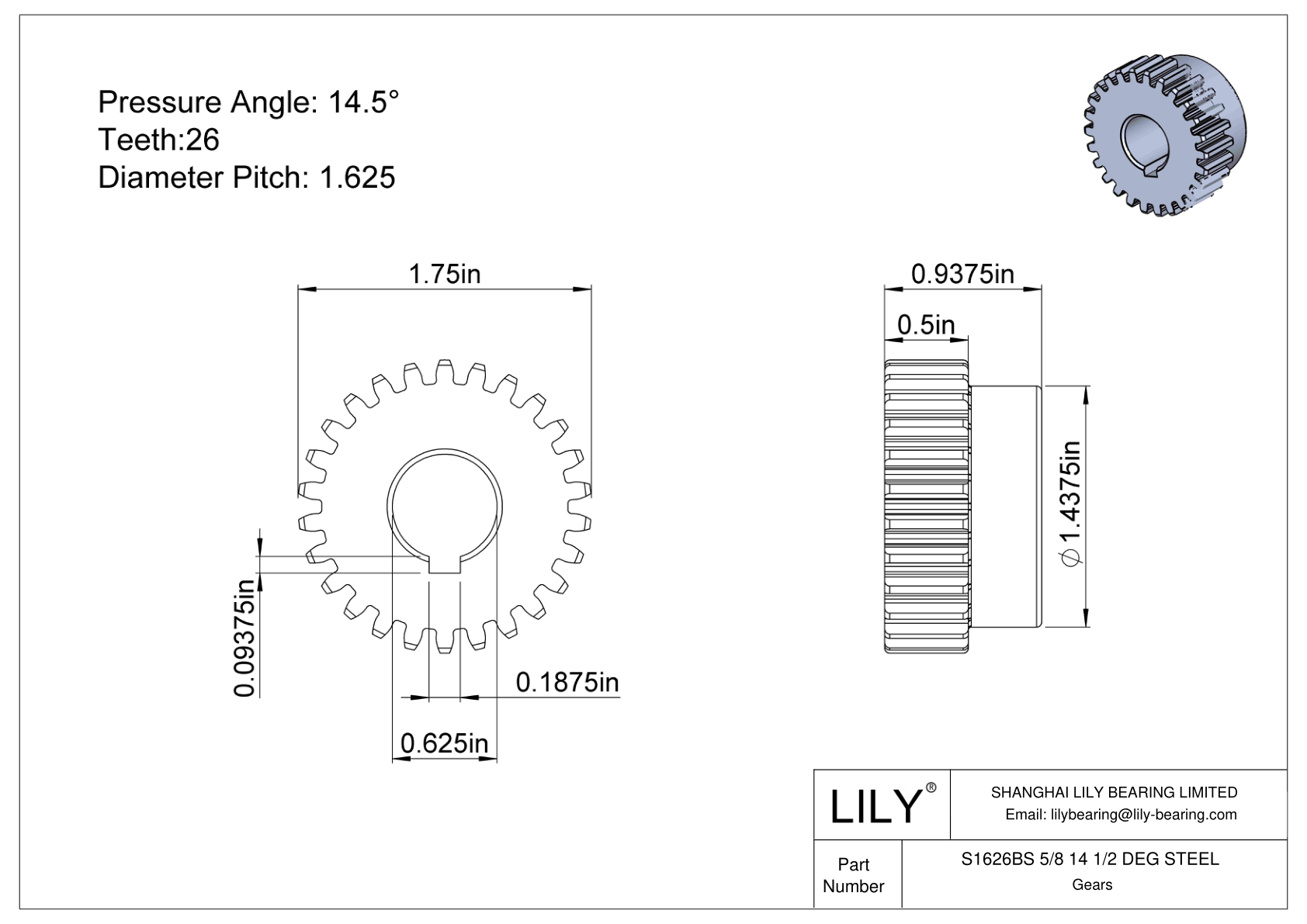 S1626BS 5/8 14 1/2 DEG STEEL 正齿轮 cad drawing