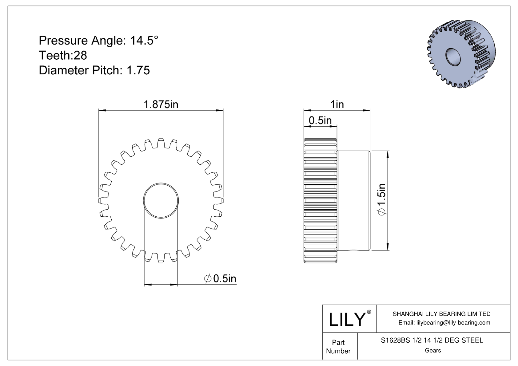 S1628BS 1/2 14 1/2 DEG STEEL 正齿轮 cad drawing