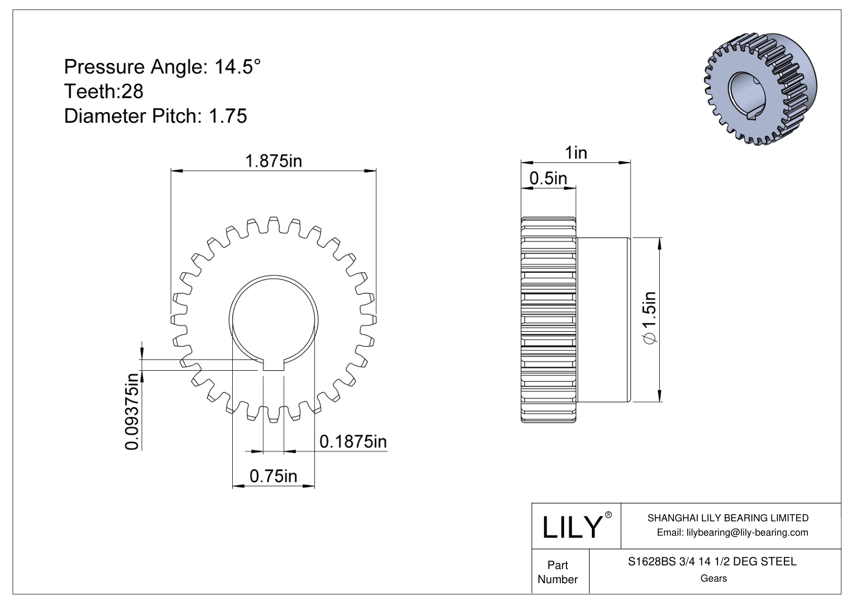 S1628BS 3/4 14 1/2 DEG STEEL Engranajes rectos cad drawing