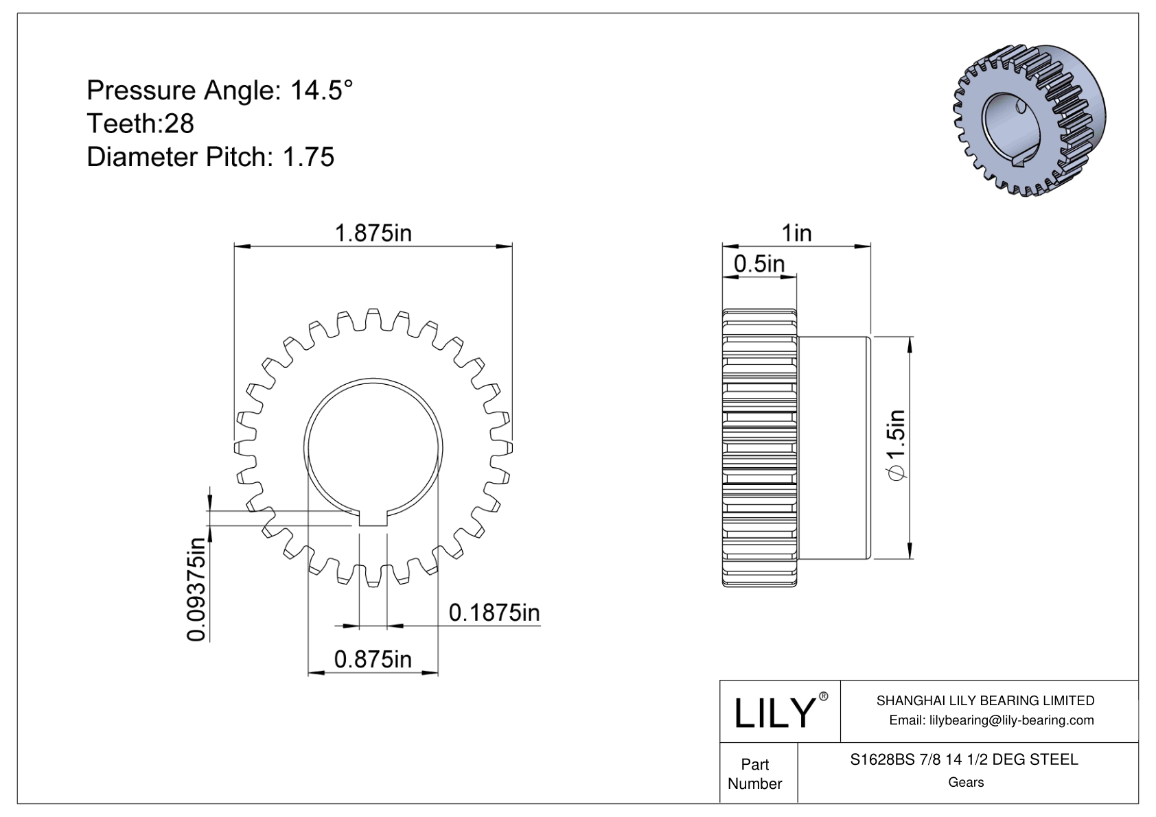 S1628BS 7/8 14 1/2 DEG STEEL Engranajes rectos cad drawing