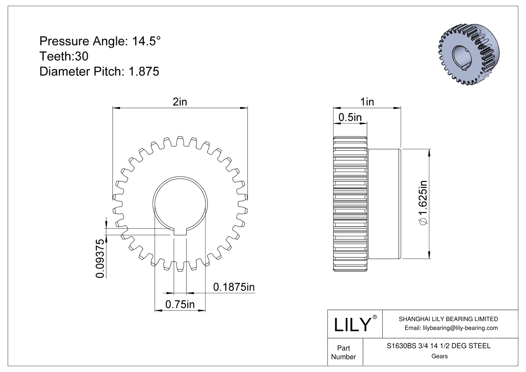 S1630BS 3/4 14 1/2 DEG STEEL 正齿轮 cad drawing