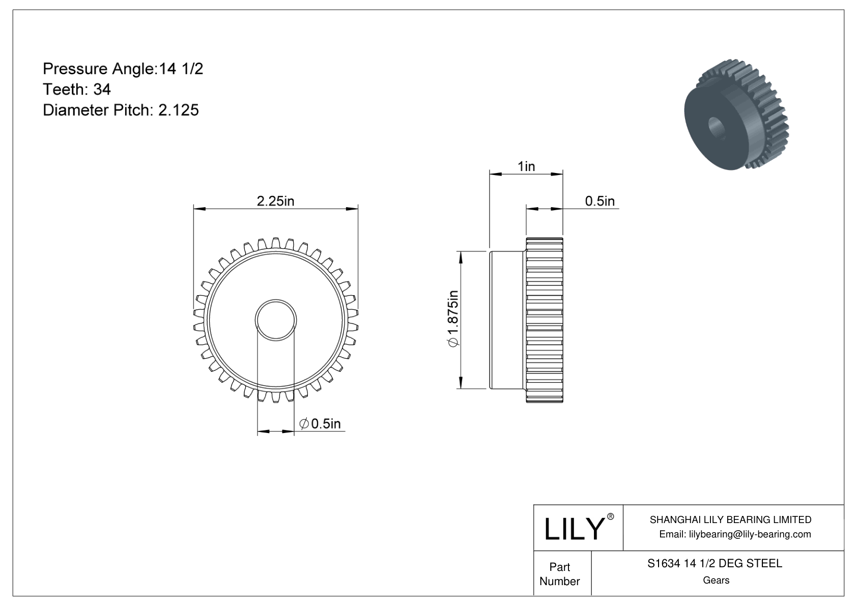 S1634 14 1/2 DEG STEEL 正齿轮 cad drawing