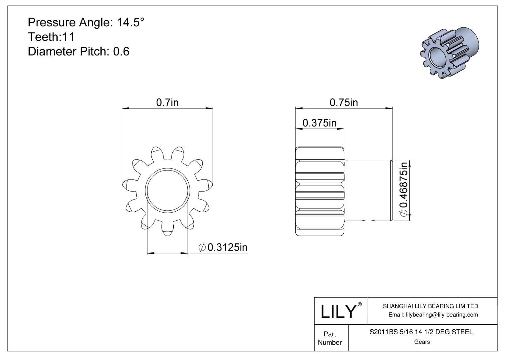 S2011BS 5/16 14 1/2 DEG STEEL Engranajes rectos cad drawing