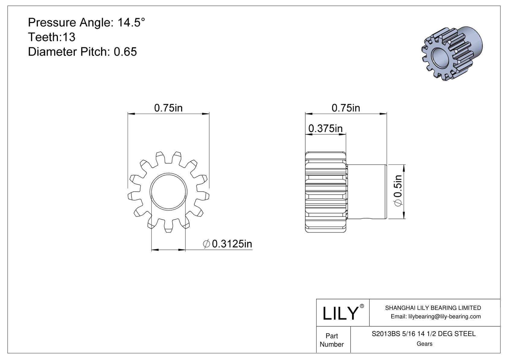 S2013BS 5/16 14 1/2 DEG STEEL Engranajes rectos cad drawing