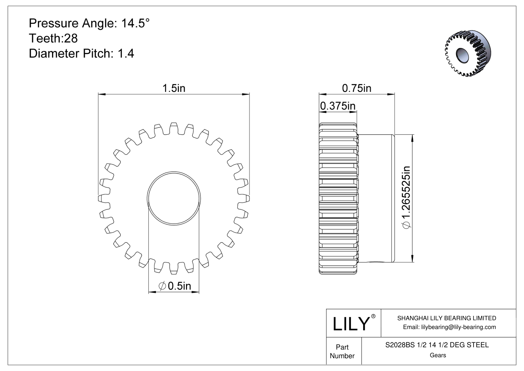 S2028BS 1/2 14 1/2 DEG STEEL Engranajes rectos cad drawing