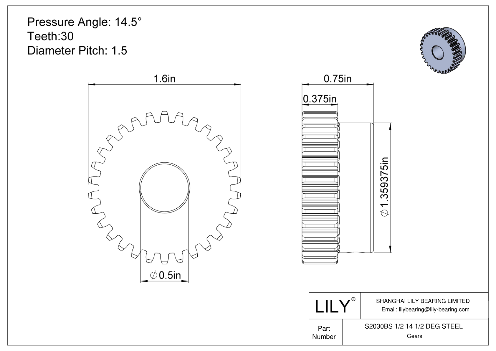 S2030BS 1/2 14 1/2 DEG STEEL 正齿轮 cad drawing