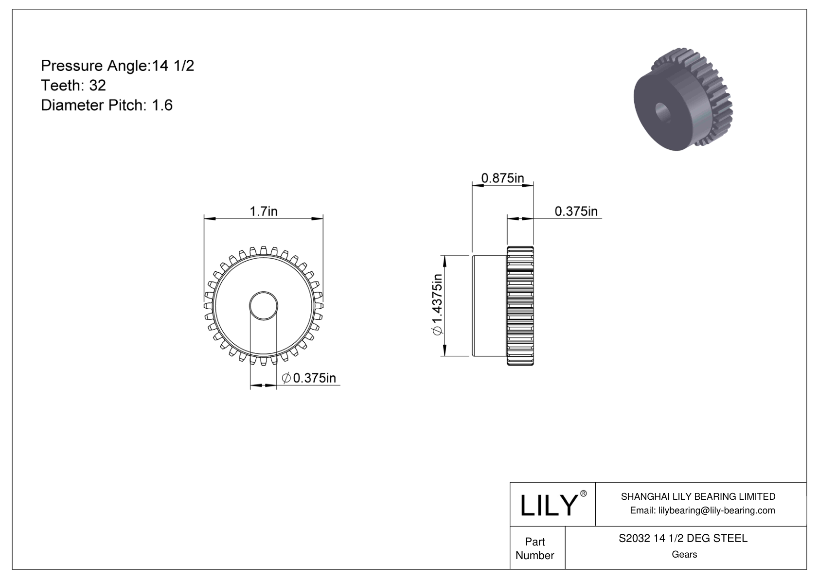 S2032 14 1/2 DEG STEEL Engranajes rectos cad drawing