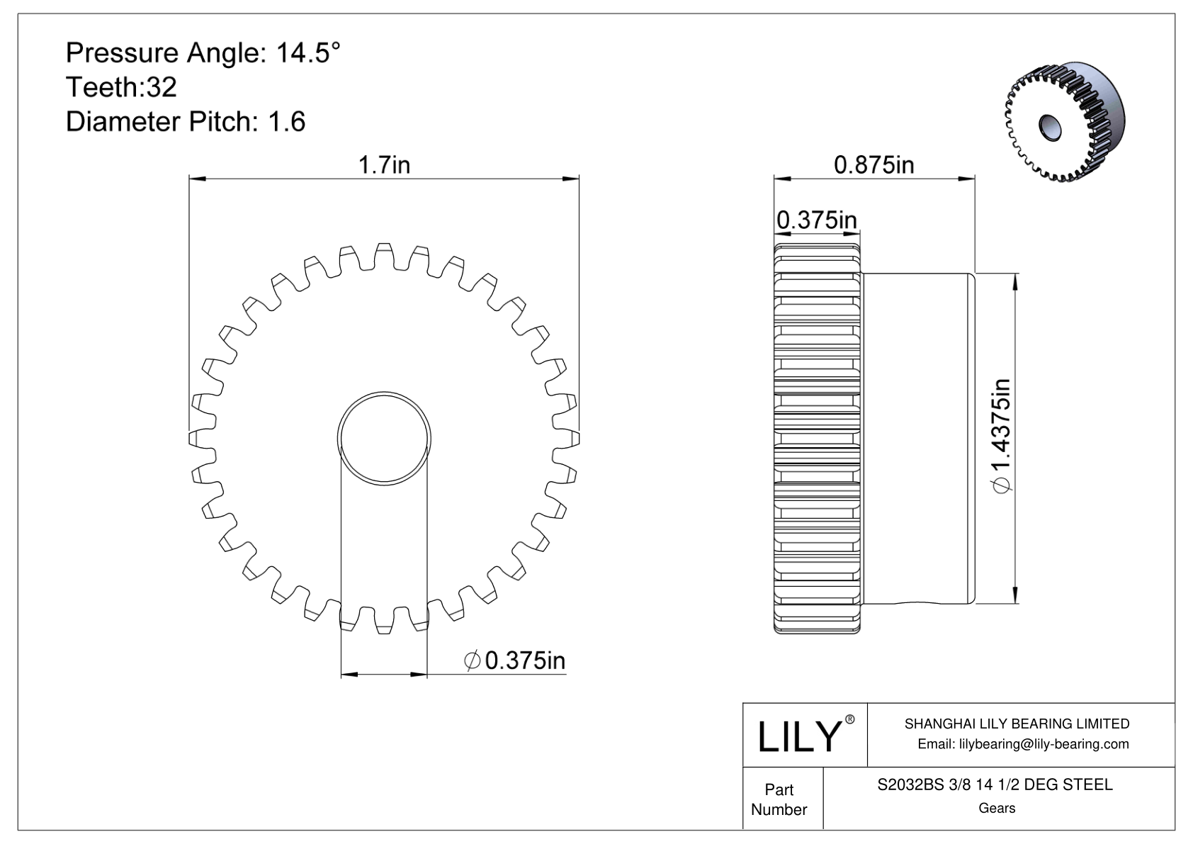 S2032BS 3/8 14 1/2 DEG STEEL 正齿轮 cad drawing