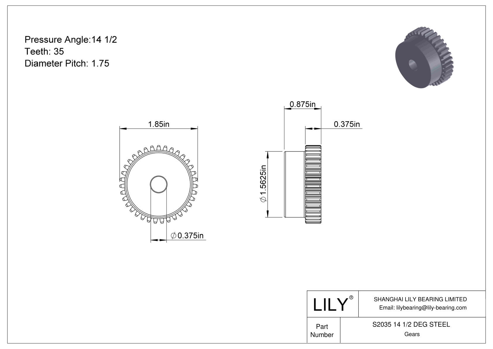 S2035 14 1/2 DEG STEEL 正齿轮 cad drawing