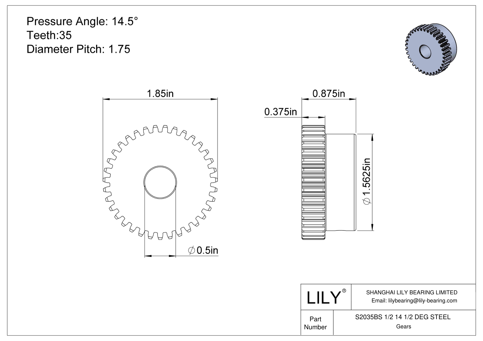 S2035BS 1/2 14 1/2 DEG STEEL Engranajes rectos cad drawing