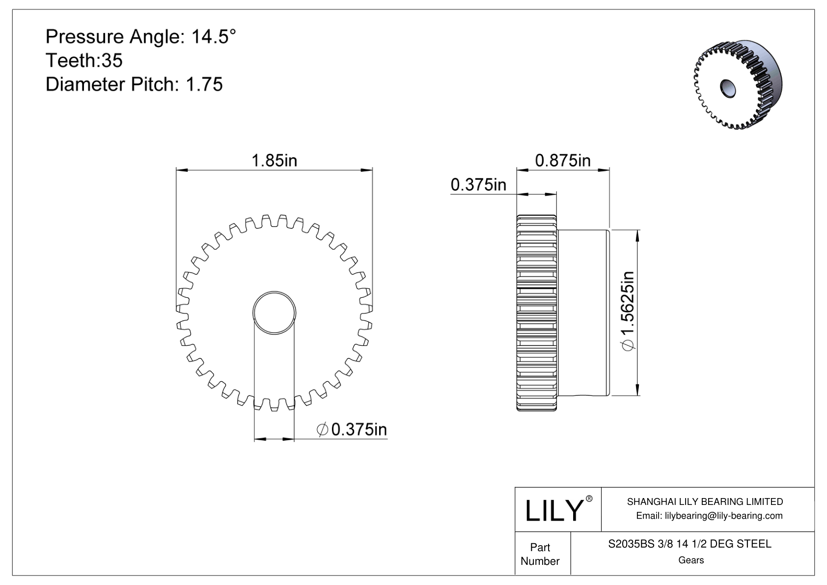 S2035BS 3/8 14 1/2 DEG STEEL 正齿轮 cad drawing