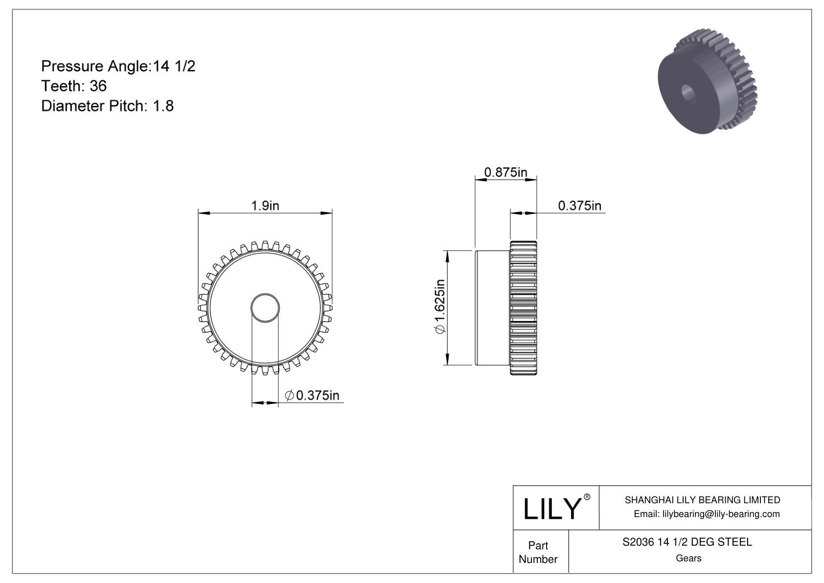 S2036 14 1/2 DEG STEEL Engranajes rectos cad drawing