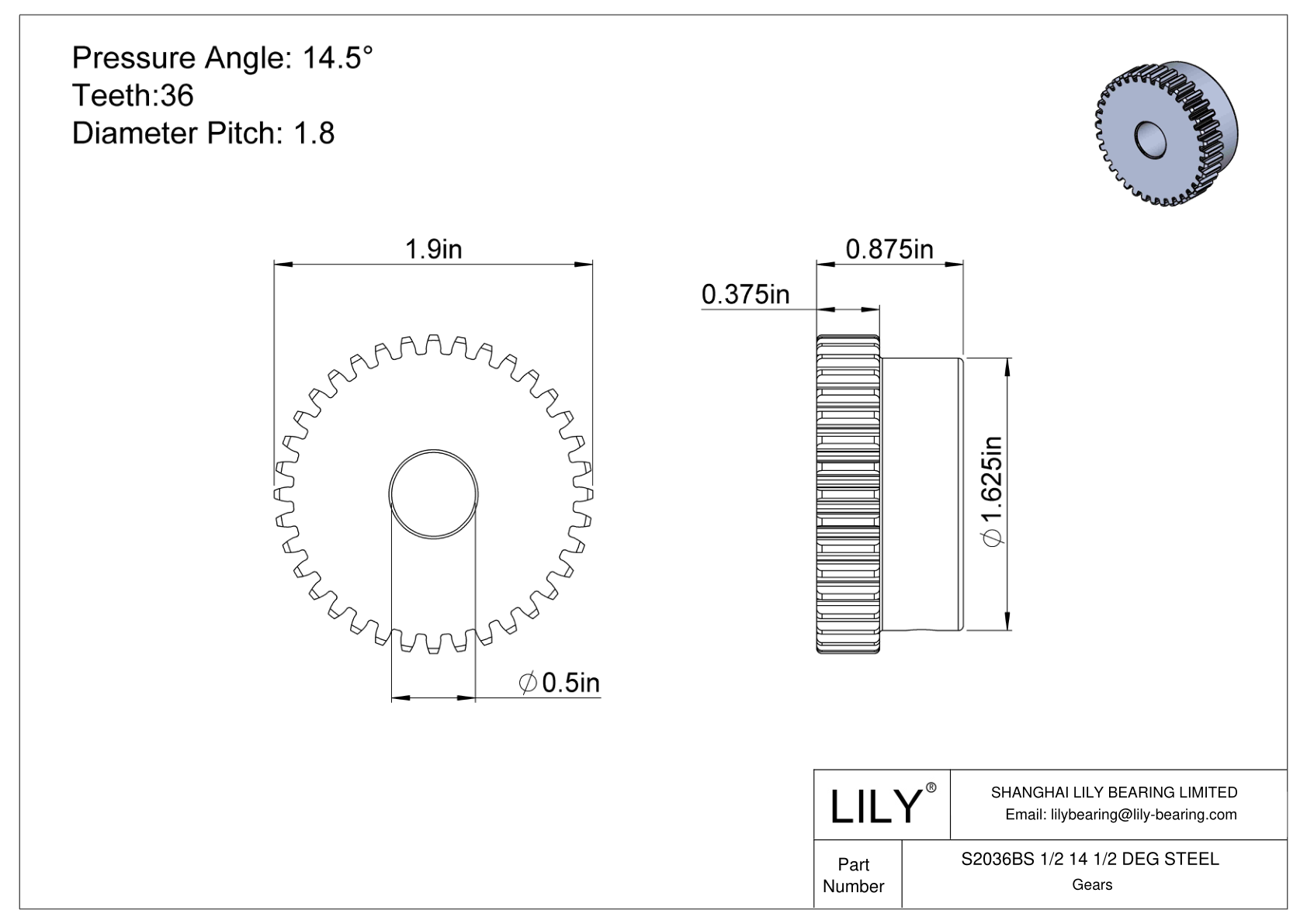 S2036BS 1/2 14 1/2 DEG STEEL Engranajes rectos cad drawing