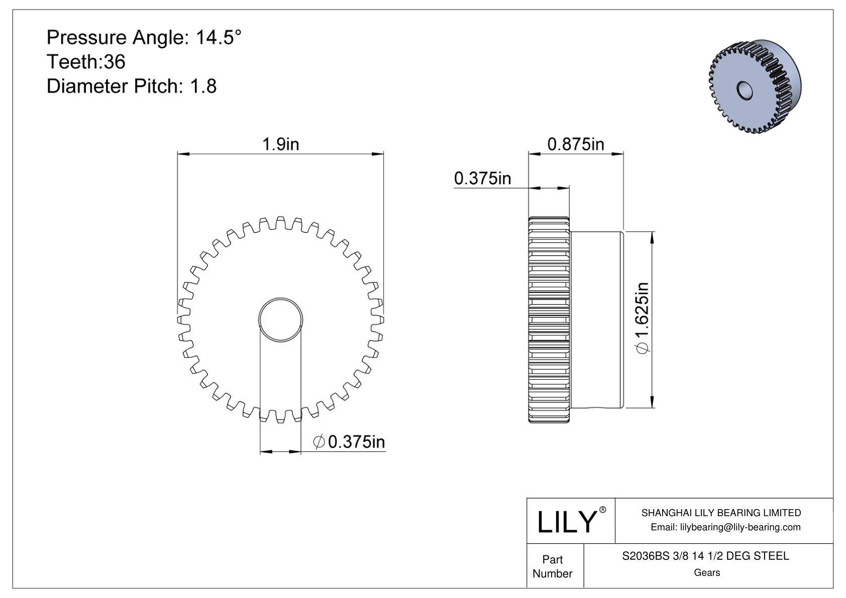 S2036BS 3/8 14 1/2 DEG STEEL 正齿轮 cad drawing