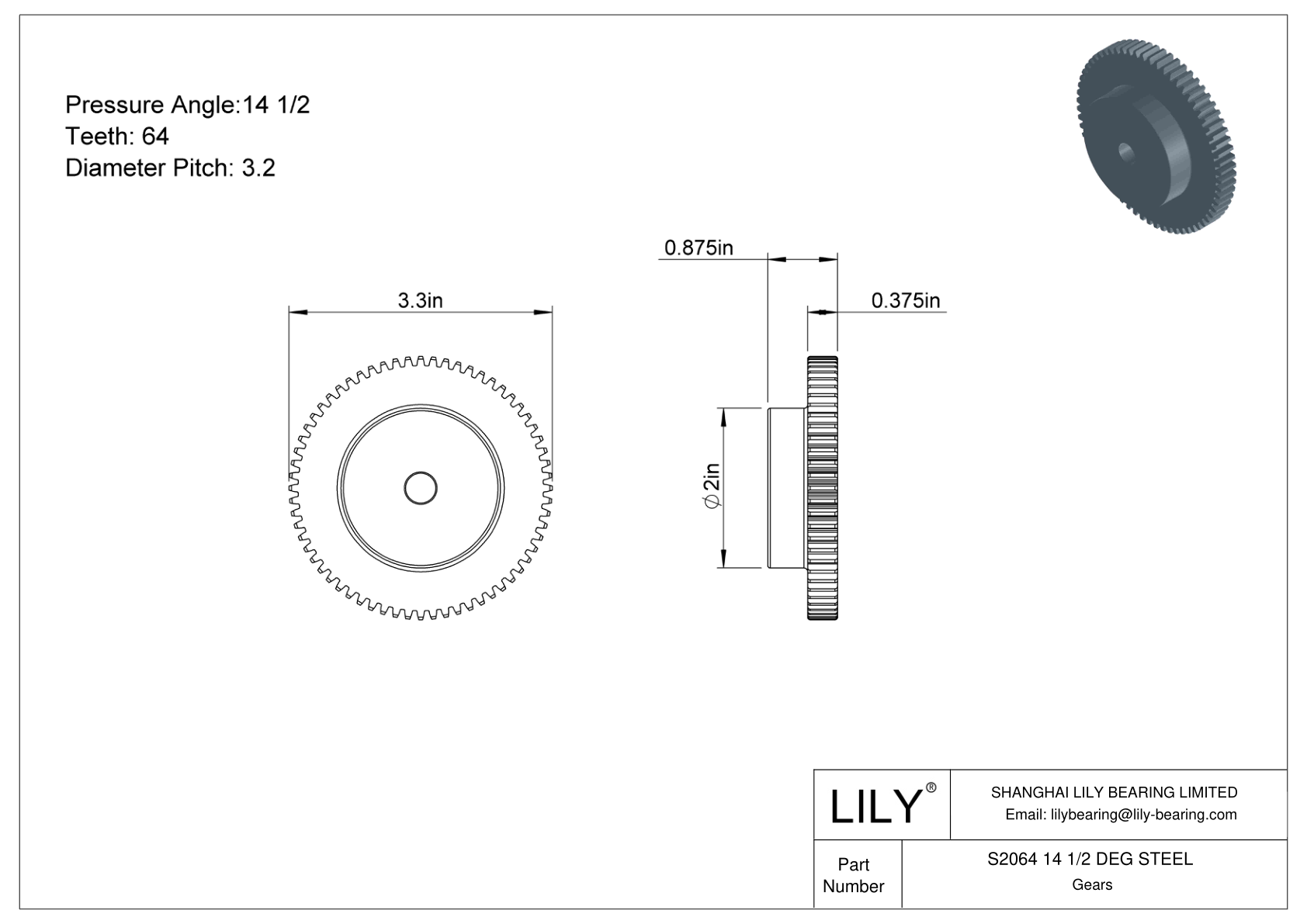 S2064 14 1/2 DEG STEEL 正齿轮 cad drawing