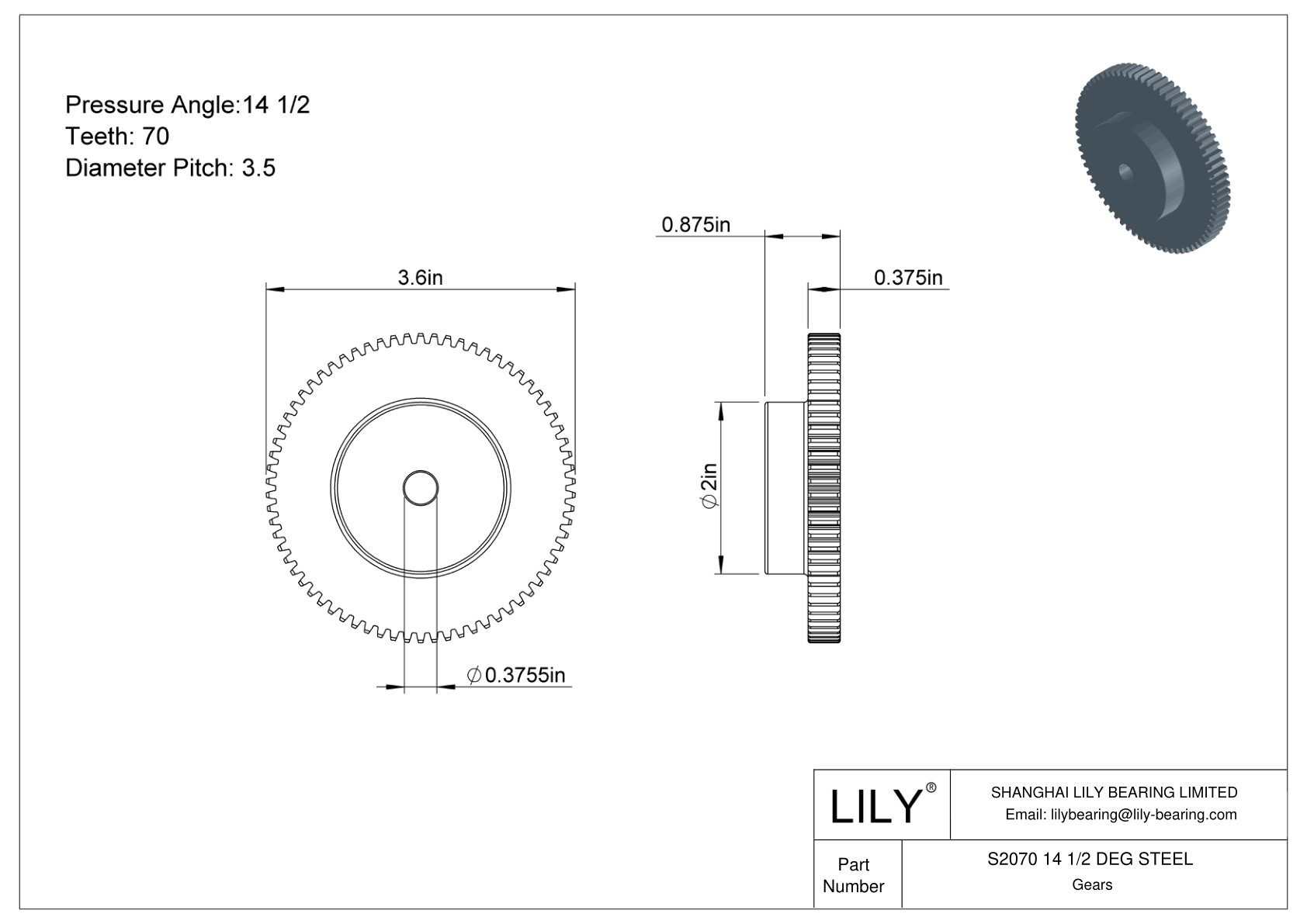 S2070 14 1/2 DEG STEEL Engranajes rectos cad drawing