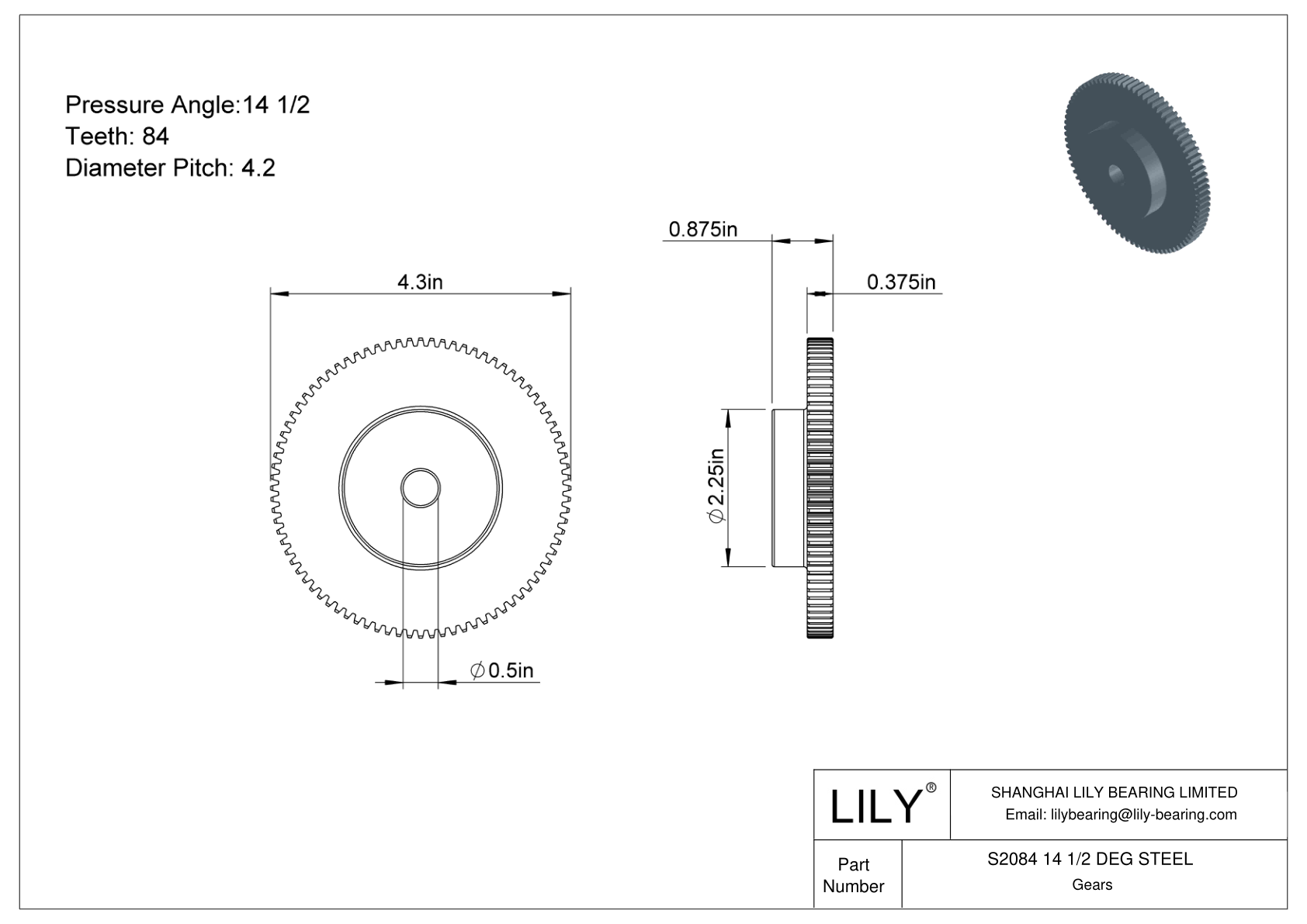 S2084 14 1/2 DEG STEEL 正齿轮 cad drawing