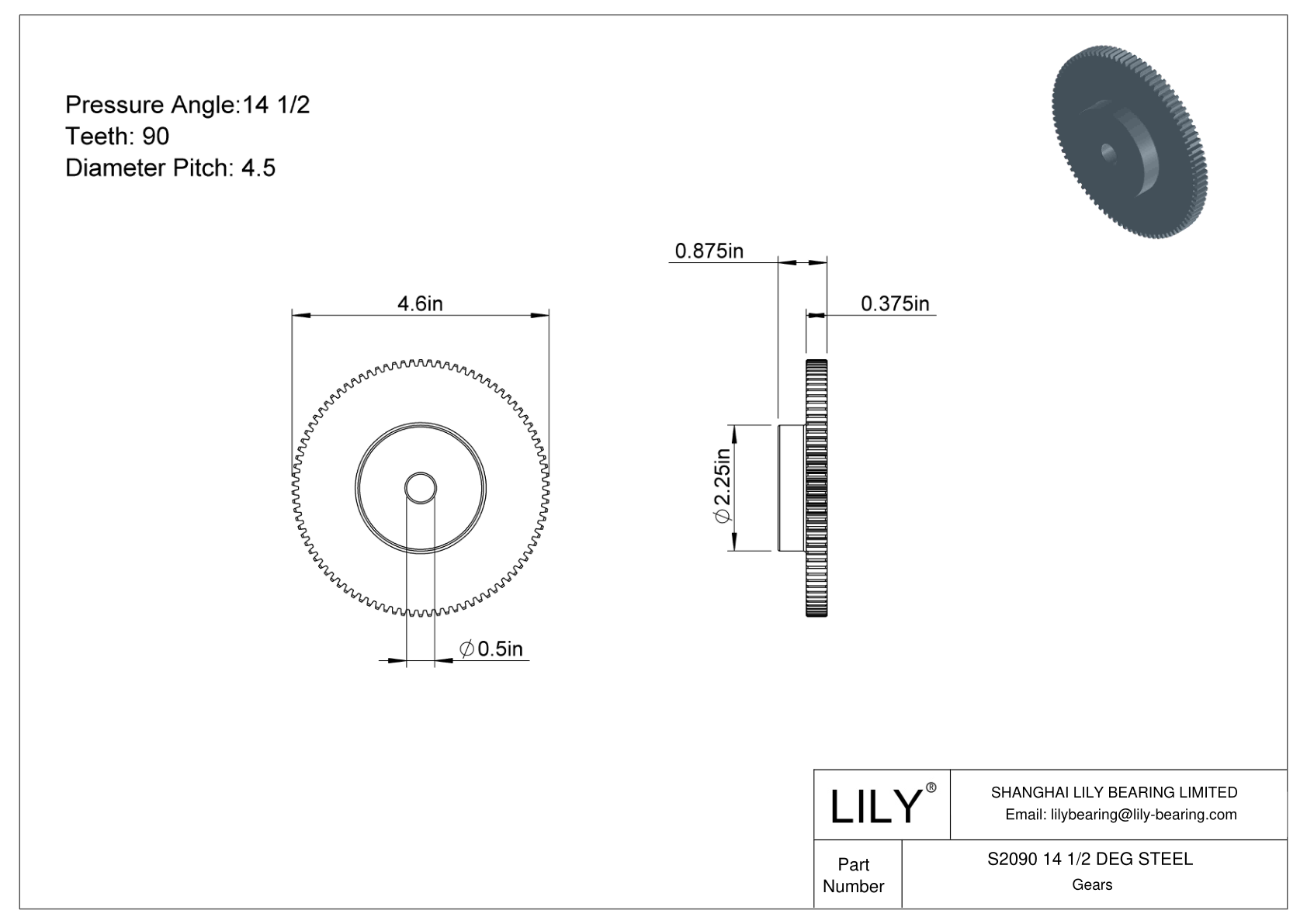 S2090 14 1/2 DEG STEEL Engranajes rectos cad drawing