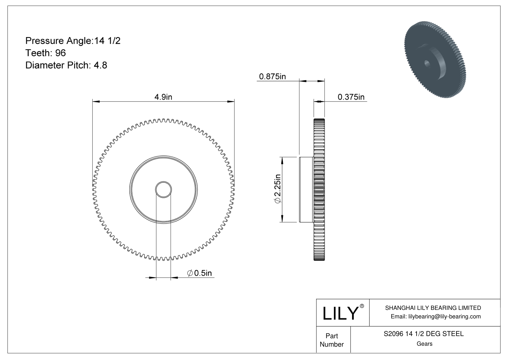 S2096 14 1/2 DEG STEEL Engranajes rectos cad drawing