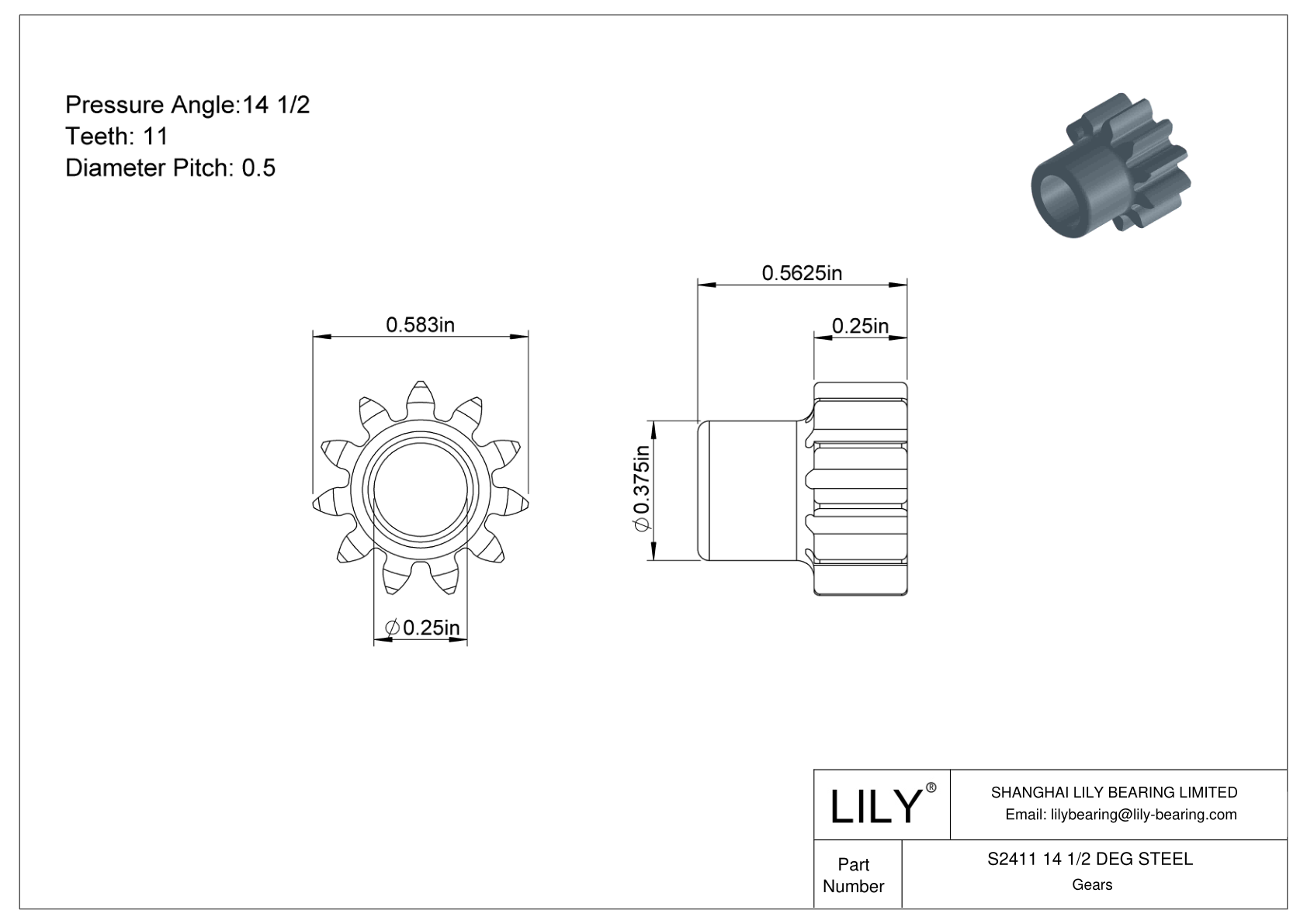 S2411 14 1/2 DEG STEEL Engranajes rectos cad drawing