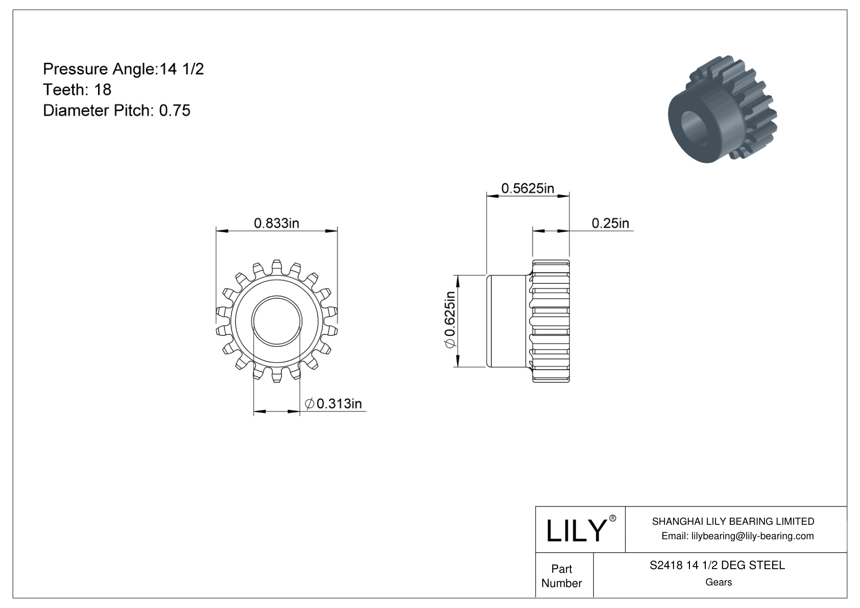 S2418 14 1/2 DEG STEEL 正齿轮 cad drawing