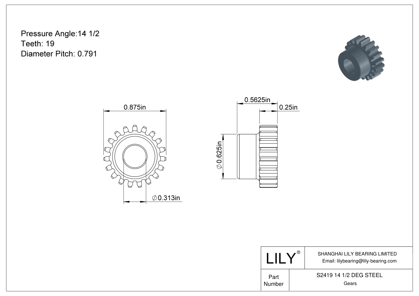 S2419 14 1/2 DEG STEEL Engranajes rectos cad drawing