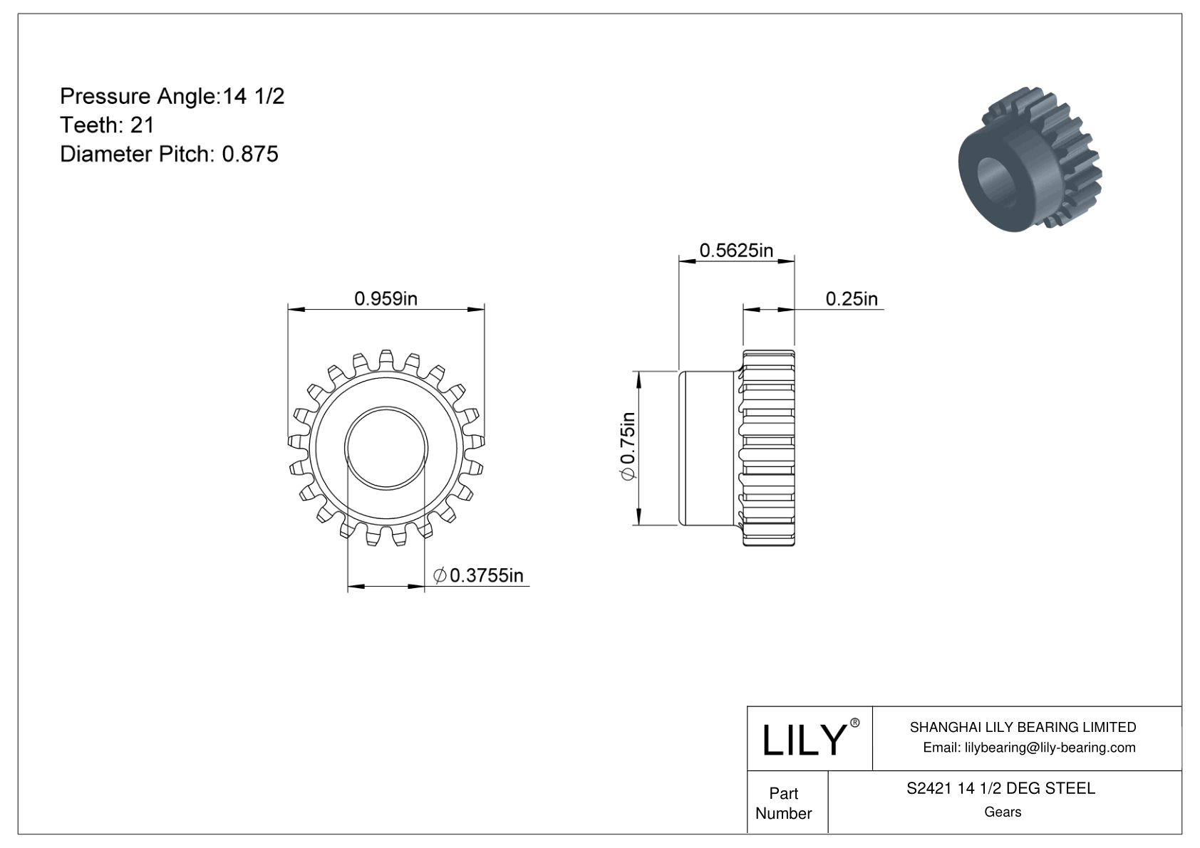 S2421 14 1/2 DEG STEEL Engranajes rectos cad drawing