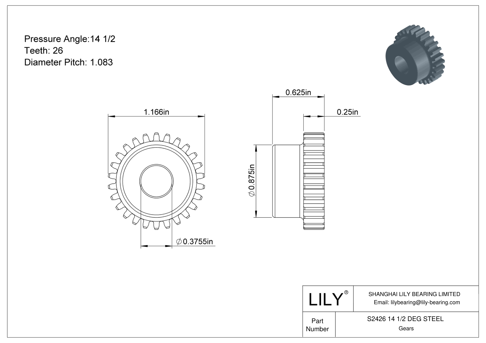 S2426 14 1/2 DEG STEEL Engranajes rectos cad drawing