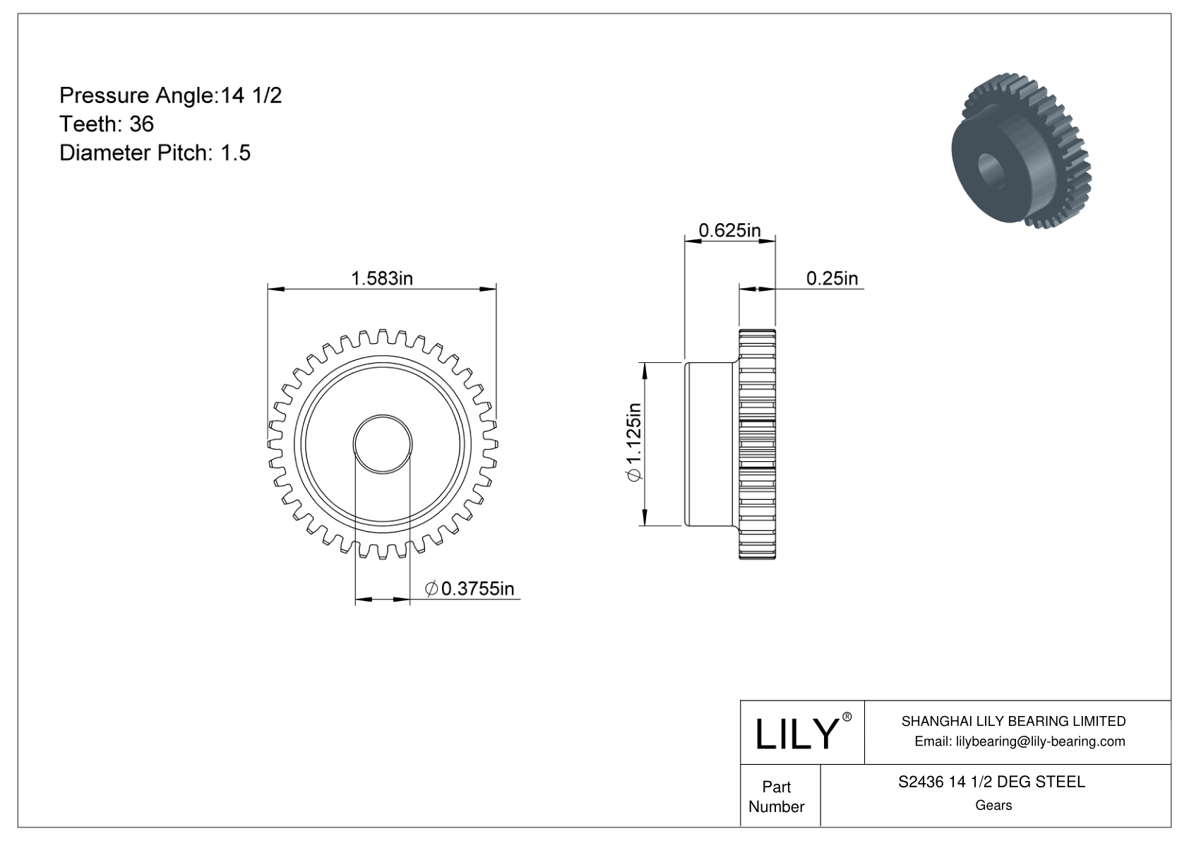 S2436 14 1/2 DEG STEEL 正齿轮 cad drawing