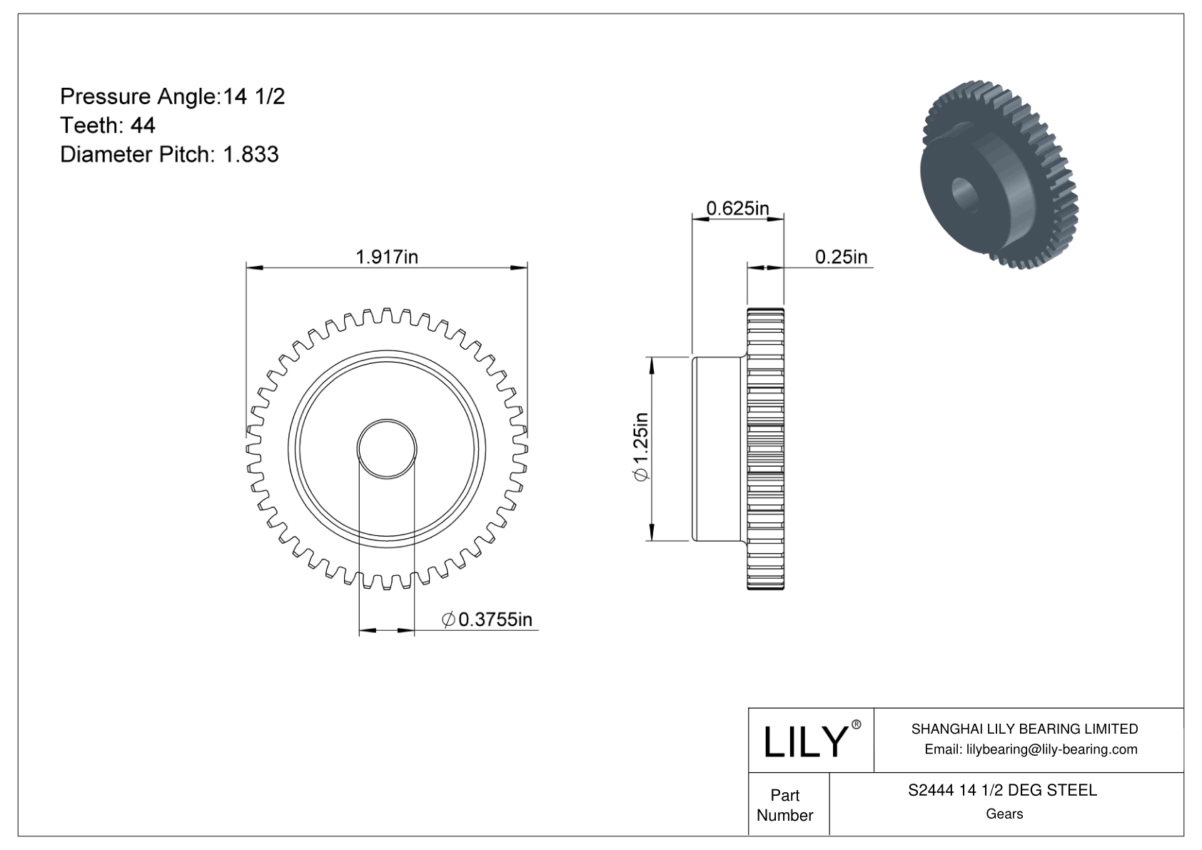 S2444 14 1/2 DEG STEEL 正齿轮 cad drawing