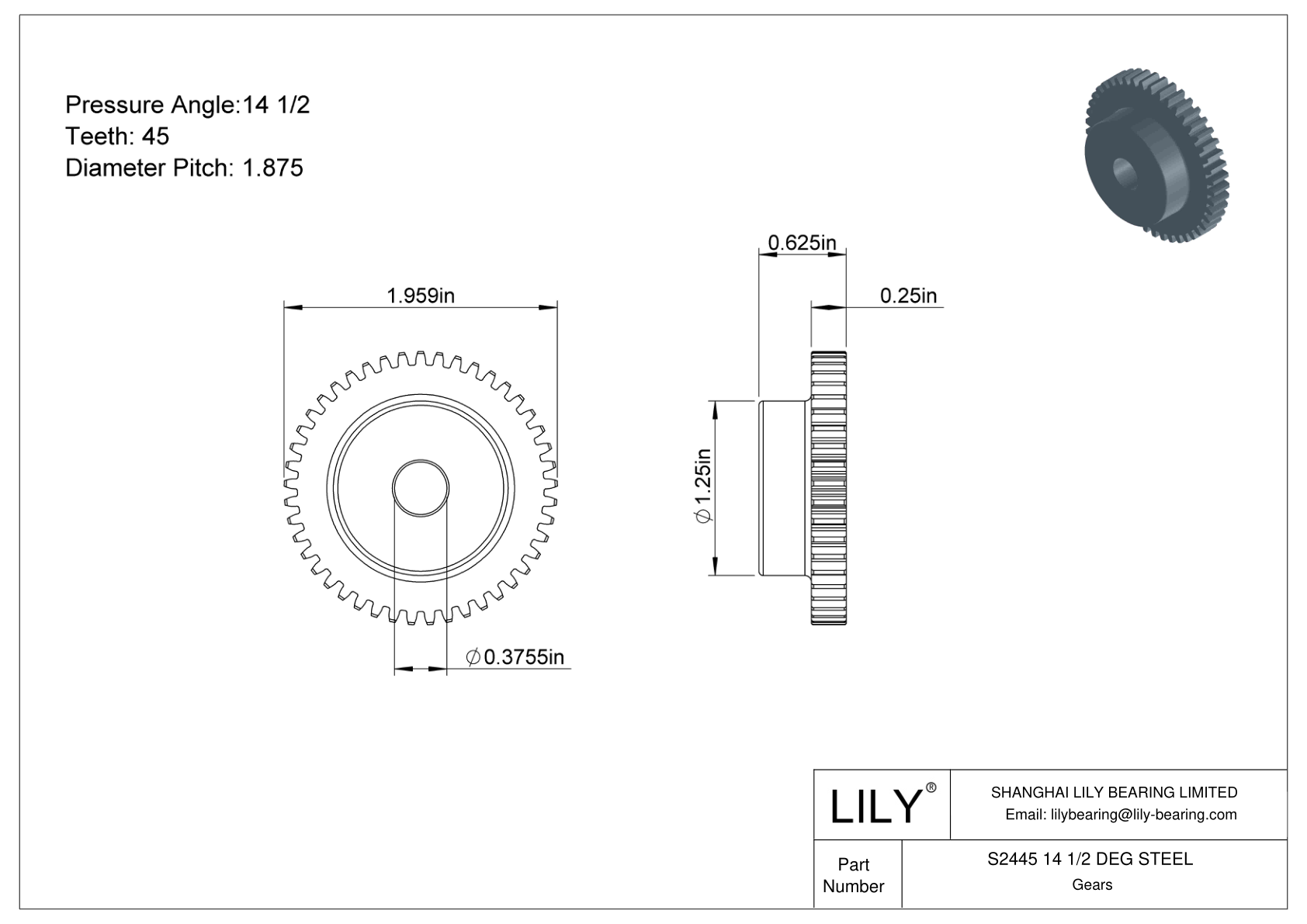 S2445 14 1/2 DEG STEEL Engranajes rectos cad drawing