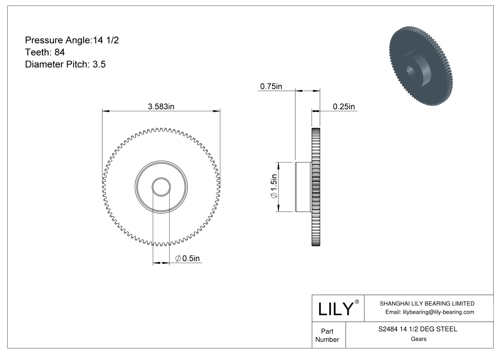 S2484 14 1/2 DEG STEEL Engranajes rectos cad drawing