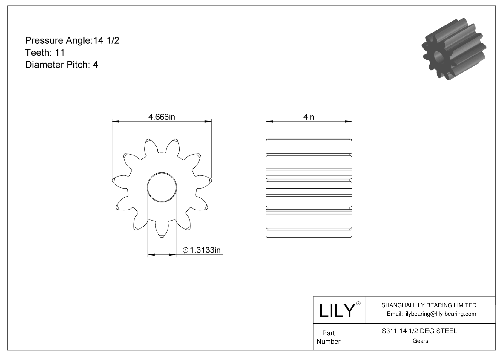 S311 14 1/2 DEG STEEL Engranajes rectos cad drawing