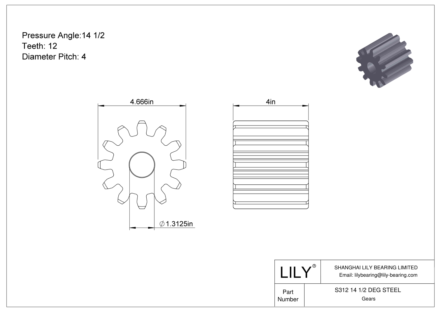 S312 14 1/2 DEG STEEL Engranajes rectos cad drawing