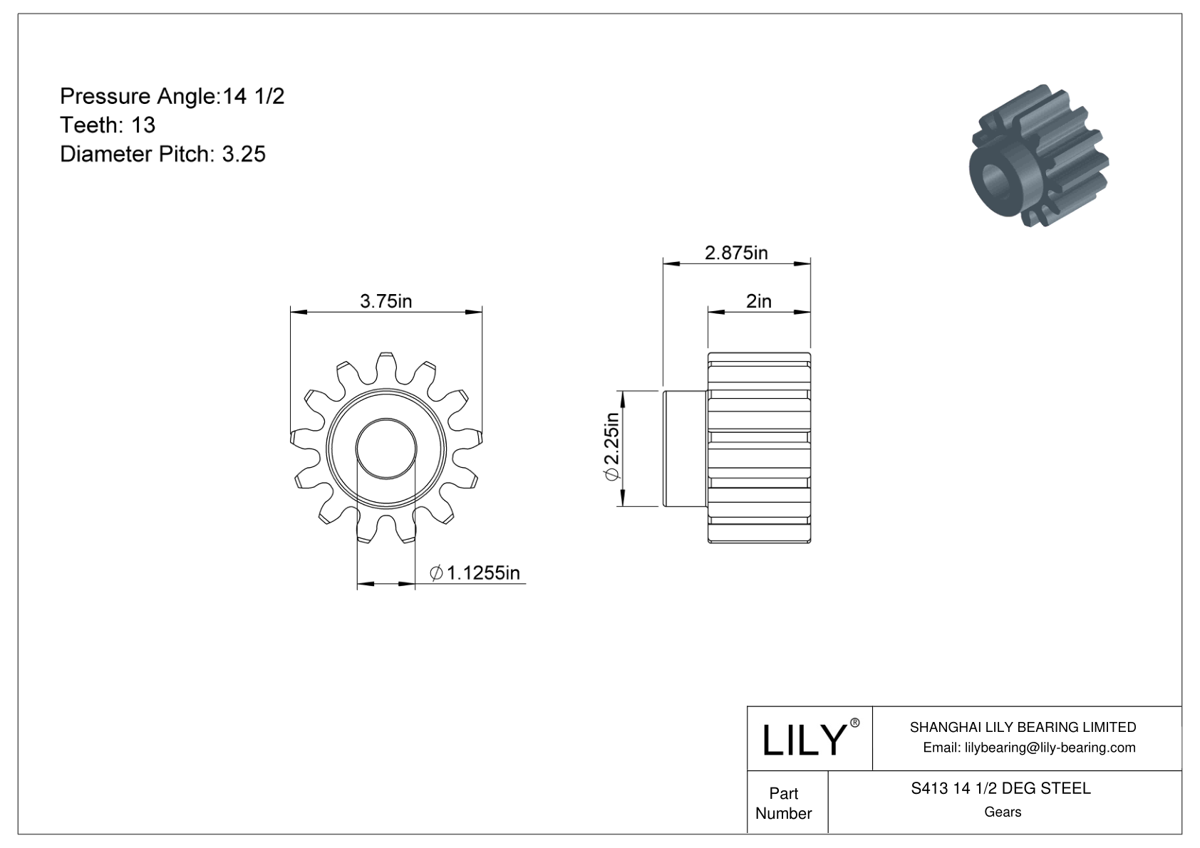 S413 14 1/2 DEG STEEL 正齿轮 cad drawing