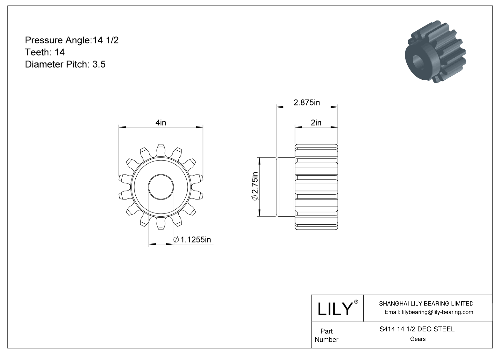 S414 14 1/2 DEG STEEL Engranajes rectos cad drawing